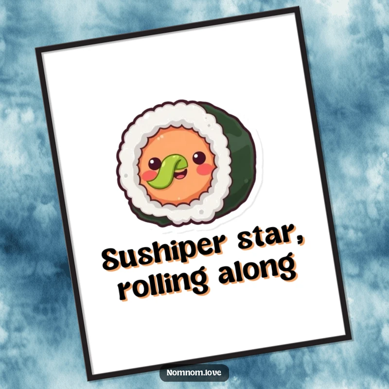 Funny Free Printable Wall Art: A joyful sushi roll with simple eyes happily rolls forward, bringing smiles.