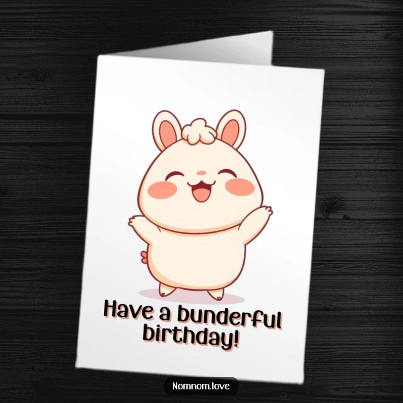 Funny Free Printable Birthday Card: Delighted bao bun with blushing cheeks doing a little dance, birthday happiness