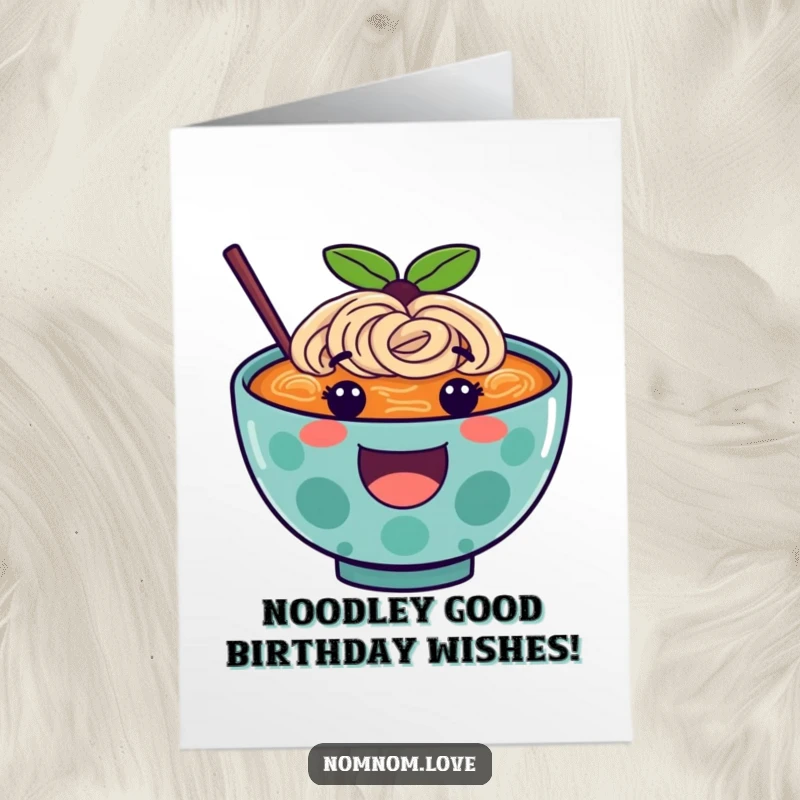 Funny Free Printable Ramen Birthday Card: A happy noodle bowl bouncing with joy in broth, perfect for a laugh.