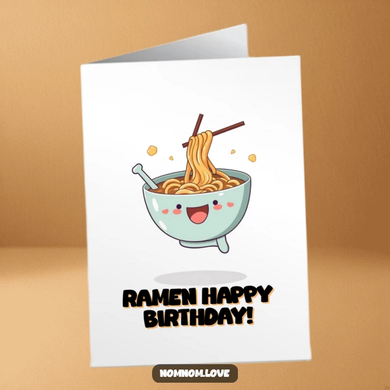 Funny Free Printable Birthday Card: Joyful ramen bowl leaping, broth splashing, celebrating a birthday