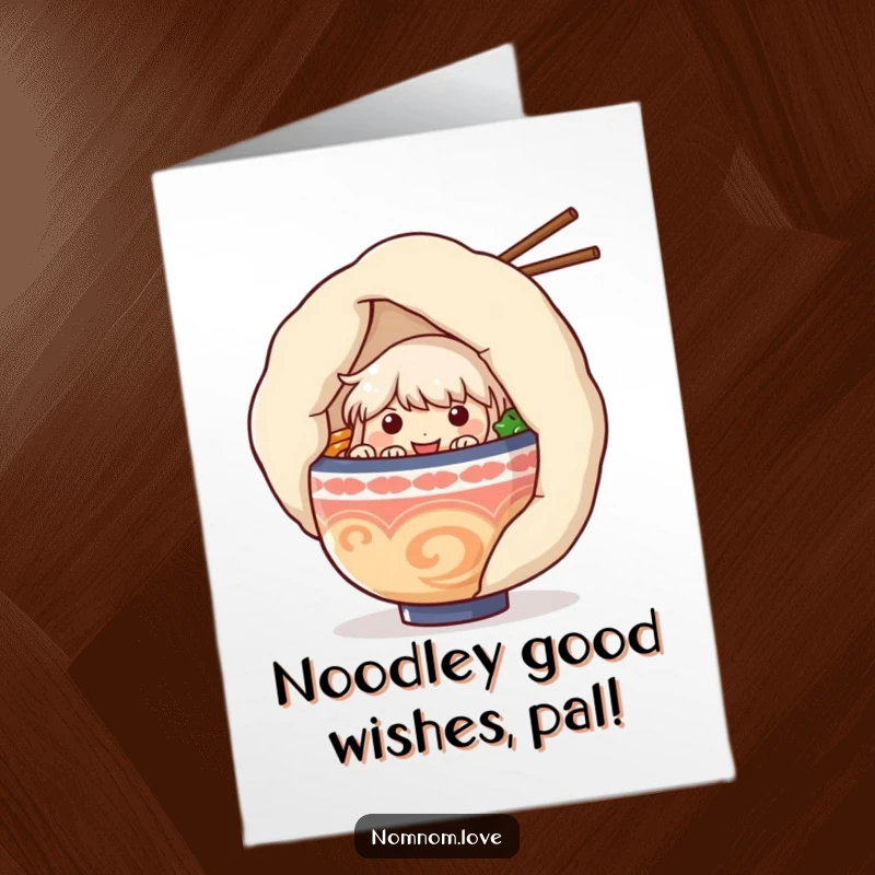 Funny free printable birthday card featuring a cute ramen bowl character hiding behind a huge dumpling, ready to wish someone a happy birthday.