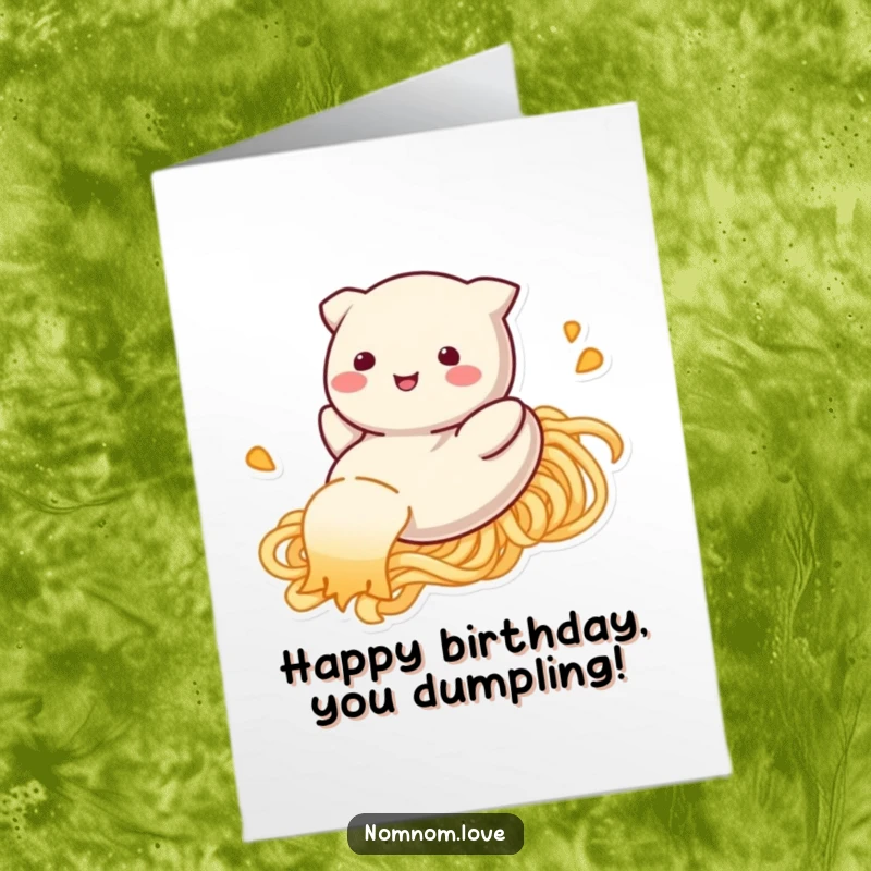 Funny Free Printable Birthday Card: A smiling dumpling character playfully sliding down a single strand of noodle.