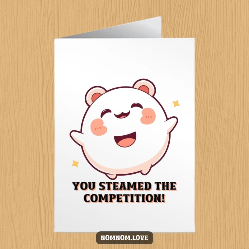 Funny Free Printable Congrats Card: A gleeful bao bun bounces energetically, celebrating achievements with a happy mouth.