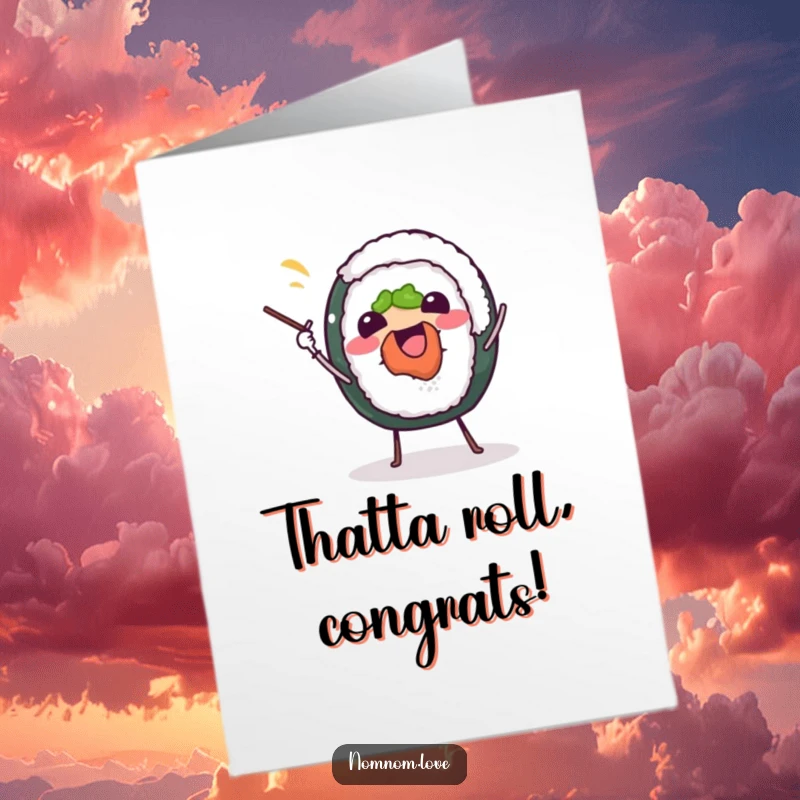 Funny Free Printable Congratulations Card: A cheerful sushi roll joyfully juggling chopsticks, celebrating an achievement.
