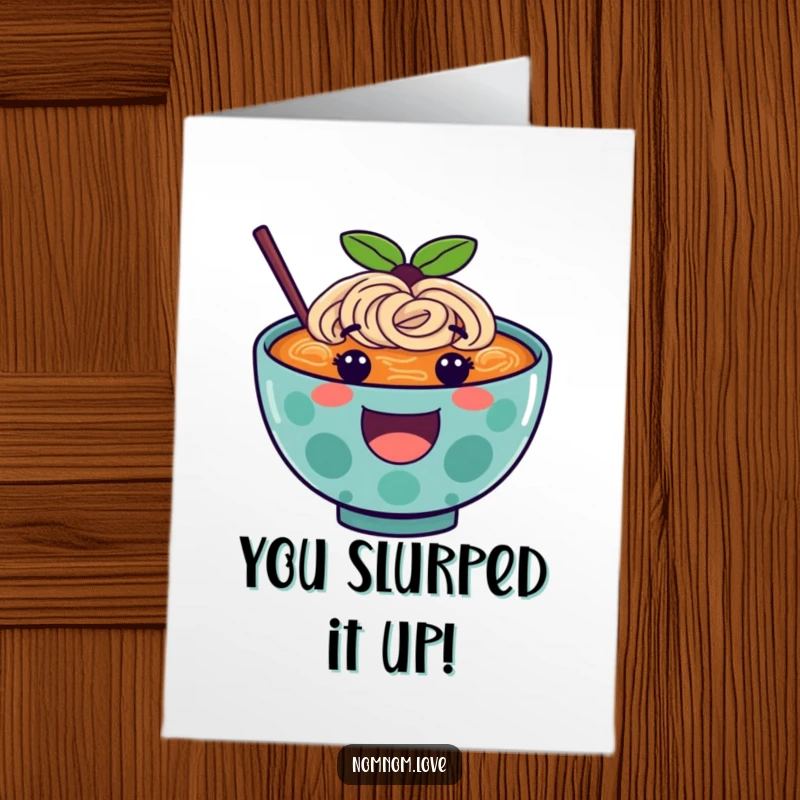 Funny Free Printable Ramen Congrats Card: A happy noodle bowl celebrating success with a cheerful bounce, downloadable gift.
