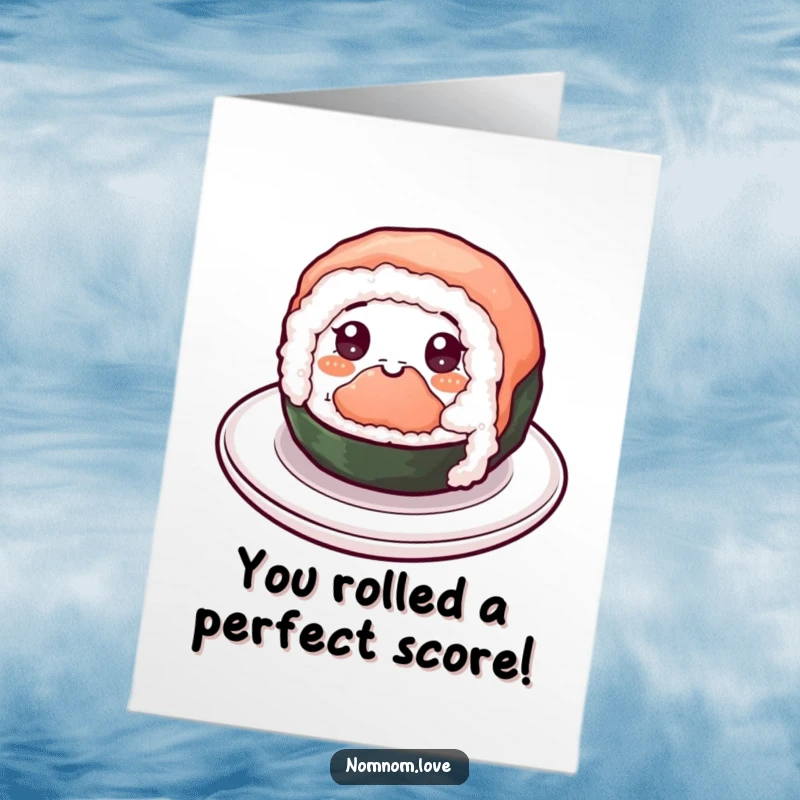 Funny Free Printable Congratulations Card: Cheerful sushi roll with eyes spinning happily on a plate, celebrating success