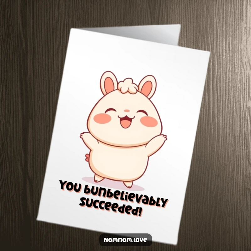 Funny Free Printable Congratulations Card: Delighted bao bun with blushing cheeks doing a little dance, celebrating success