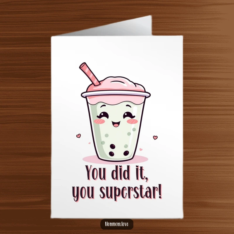 Funny Free Printable Boba Congrats Card: A playful boba tea cup wiggling and giggling, celebrating success with bubbly fun.