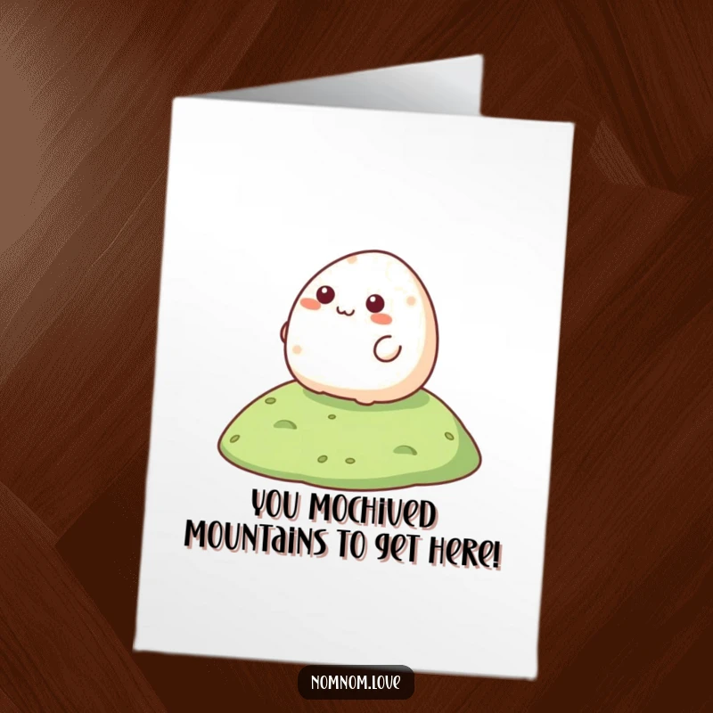 Funny Free Printable Mochi Congratulations Card showing a happy mochi character rolling downhill, celebrating success with pure joy.