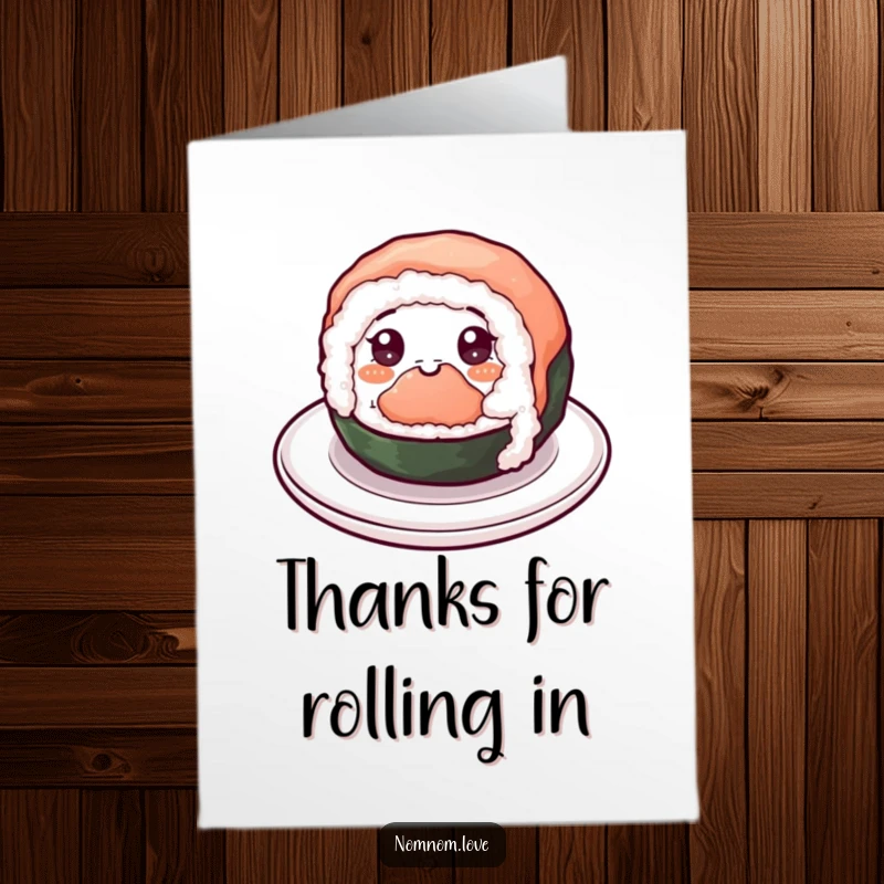 Funny Free Printable Thank You Card: Cheerful sushi roll with eyes spinning happily on a plate, expressing thanks