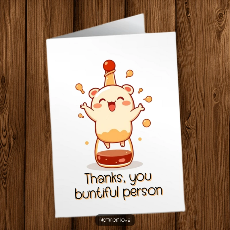 Funny Free Printable Thank You Card: A delighted bao bun dancing on a soy sauce bottle, sending thanks.