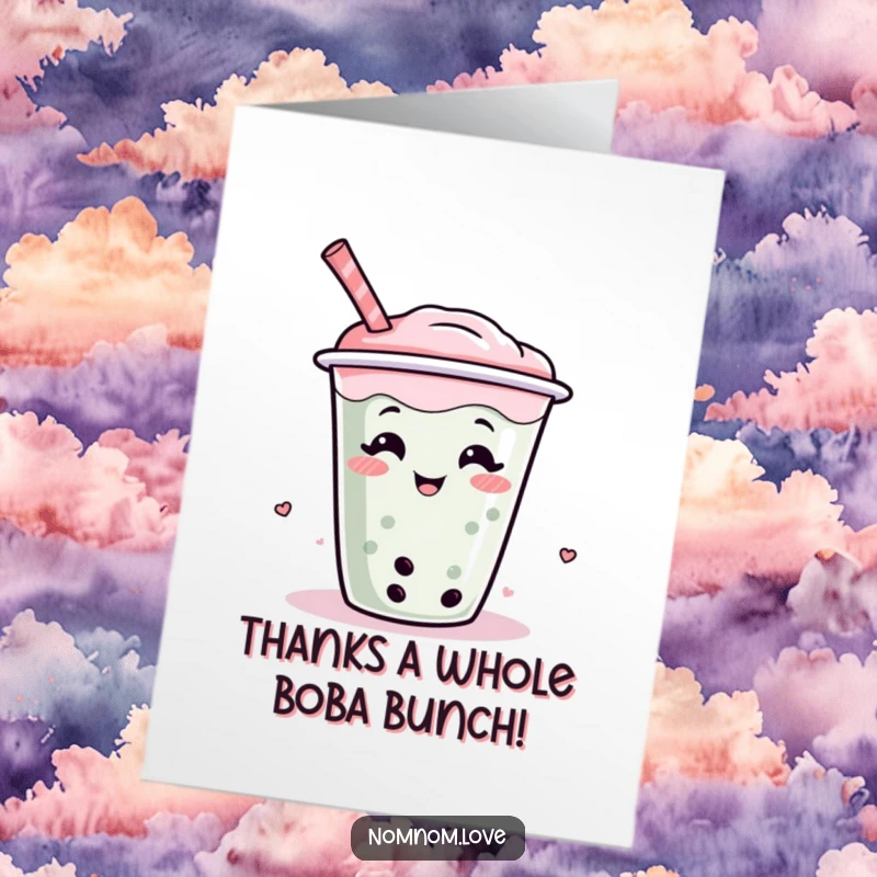 Funny Free Printable Boba Thank You Card: A boba tea cup with a straw giggling and wiggling, expressing thanks with bubbly charm.