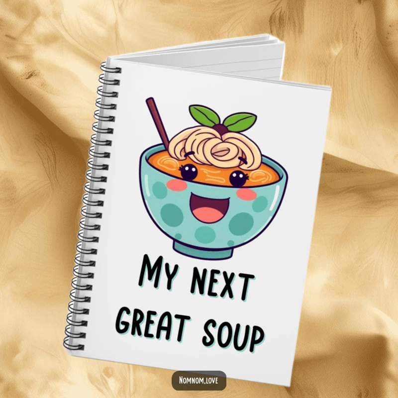 Funny ramen notebook with a happy ramen bowl character bouncing, perfect for school, work, or personal notes.