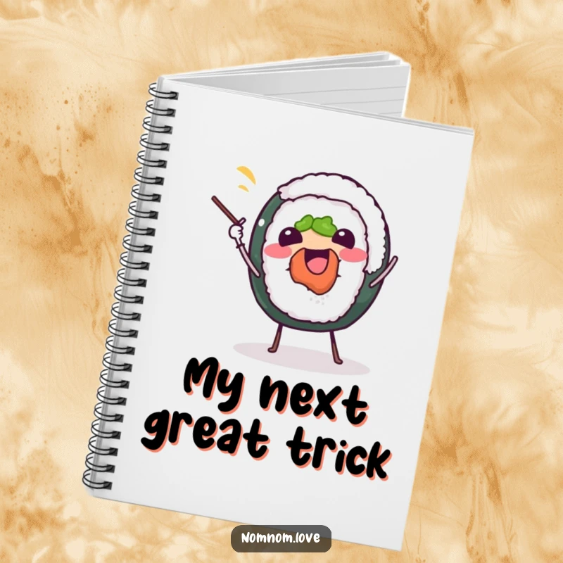 Funny sushi roll notebook, joyfully juggling chopsticks, a cute and humorous journal for food lovers.
