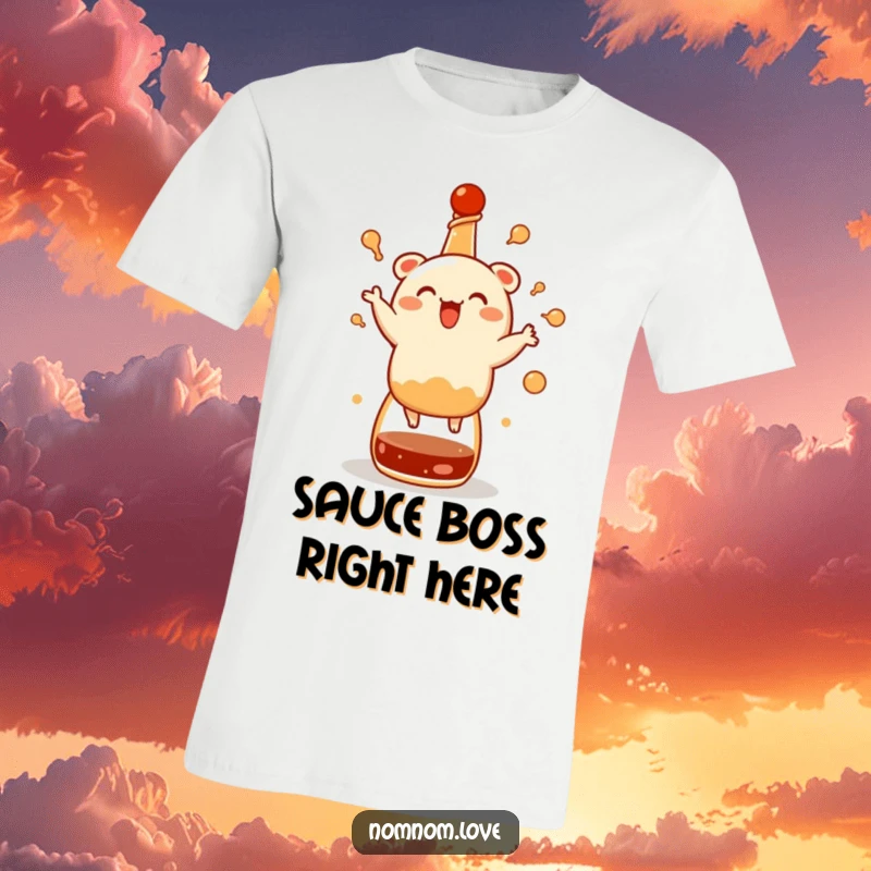 Funny bao bun t-shirt, happily dancing atop a soy sauce bottle, depicting a joyful food character with playful energy.