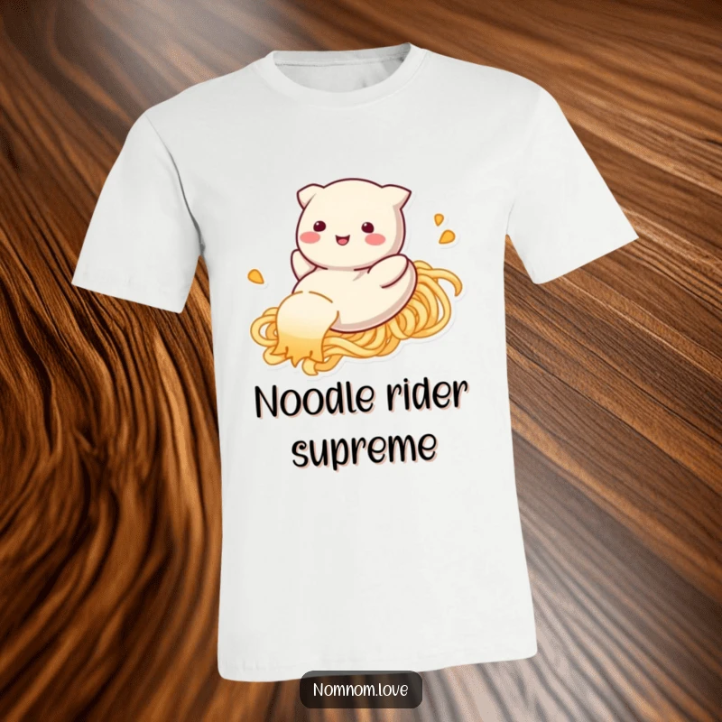 Funny dumpling t-shirt, smiling and sliding down a noodle strand, depicting a happy food character with playful ease.
