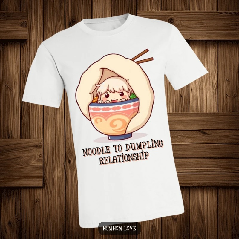 Funny ramen bowl character peeking from behind a giant dumpling on a t-shirt, creating a humorous and relatable foodie fashion statement.