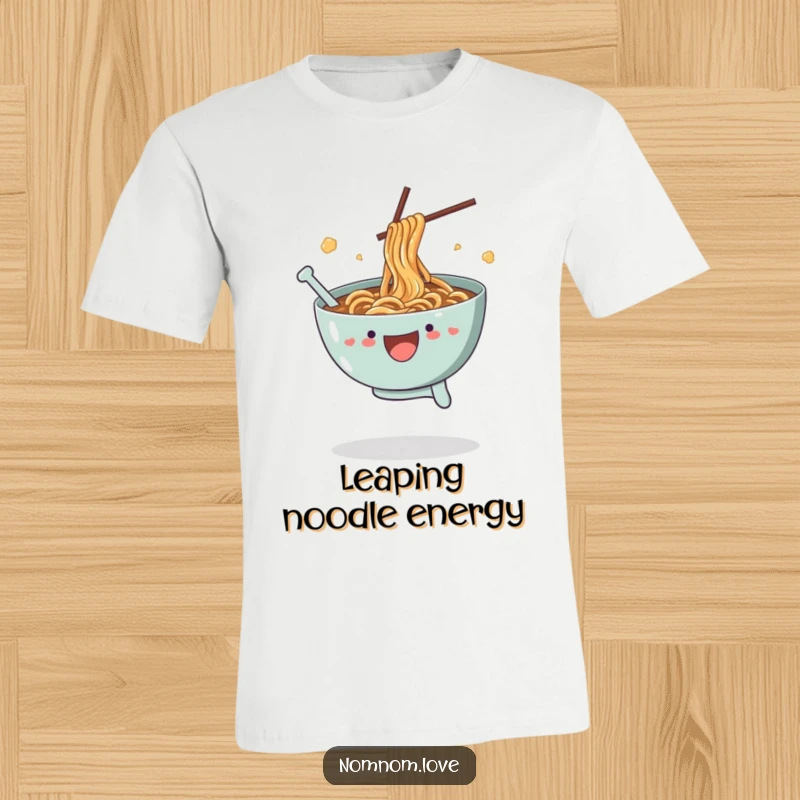 Funny Ramen T-Shirt: A joyful bowl of ramen leaps playfully, broth splashing, captured on a hilarious tee for food lovers.