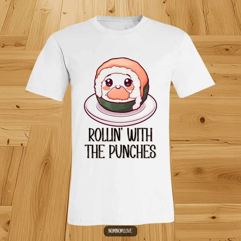 Funny Sushi T-Shirt: A cheerful sushi roll with eyes spins happily, a humorous and cute food t-shirt for enthusiasts.