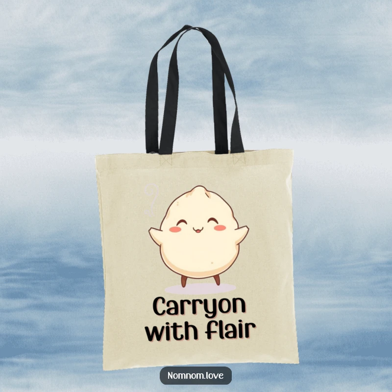 Funny Dumpling Tote Bag: A smiling dumpling jigs with tiny legs, steam rising, a funny and practical accessory for your daily needs.