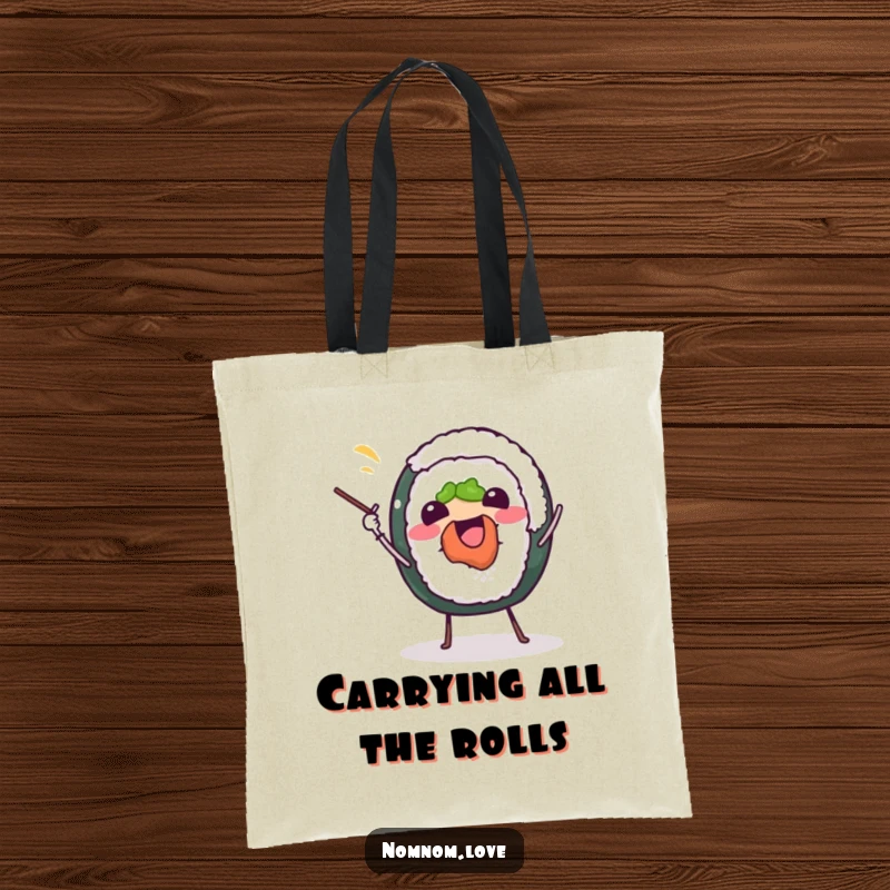 Funny sushi roll tote bag, cheerfully juggling chopsticks, a humorous and practical accessory for any foodie.