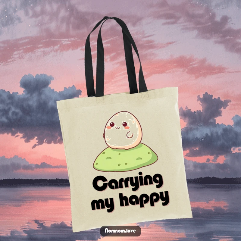 Funny Mochi Tote Bag featuring a happy mochi character rolling downhill, great for carrying smiles and goods.