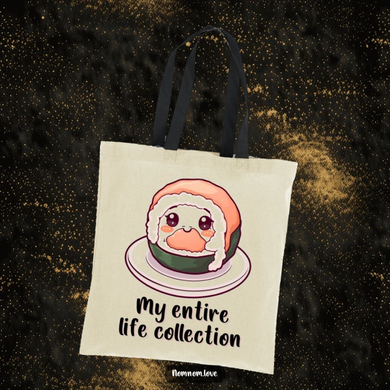 Funny Sushi Tote Bag: A cheerful sushi roll spins happily with eyes, a funny and practical accessory for your daily needs.